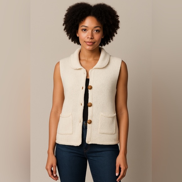L. Магсо Jackets & Blazers - Cream Knit Button Front Sleeveless Vest w/ Wooden Buttons Cottagecore